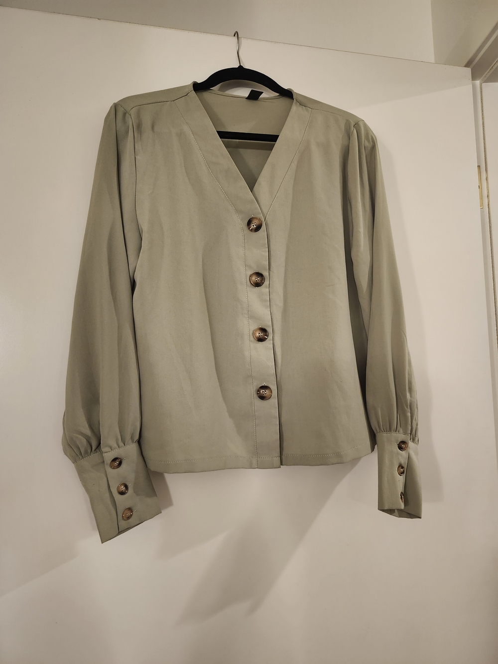 V-Neck Button Front Long Sleeve Top - Sage Green